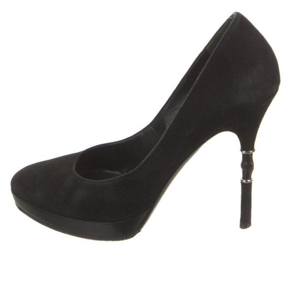 Gucci Bamboo Accent Black Suede Heels - Picture 1 of 12
